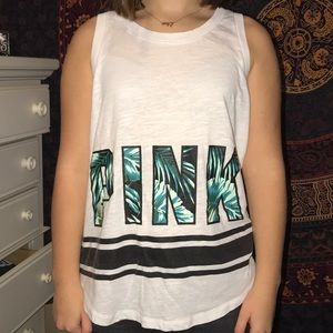 Pink White & Blue Tropical Print Muscle Tank